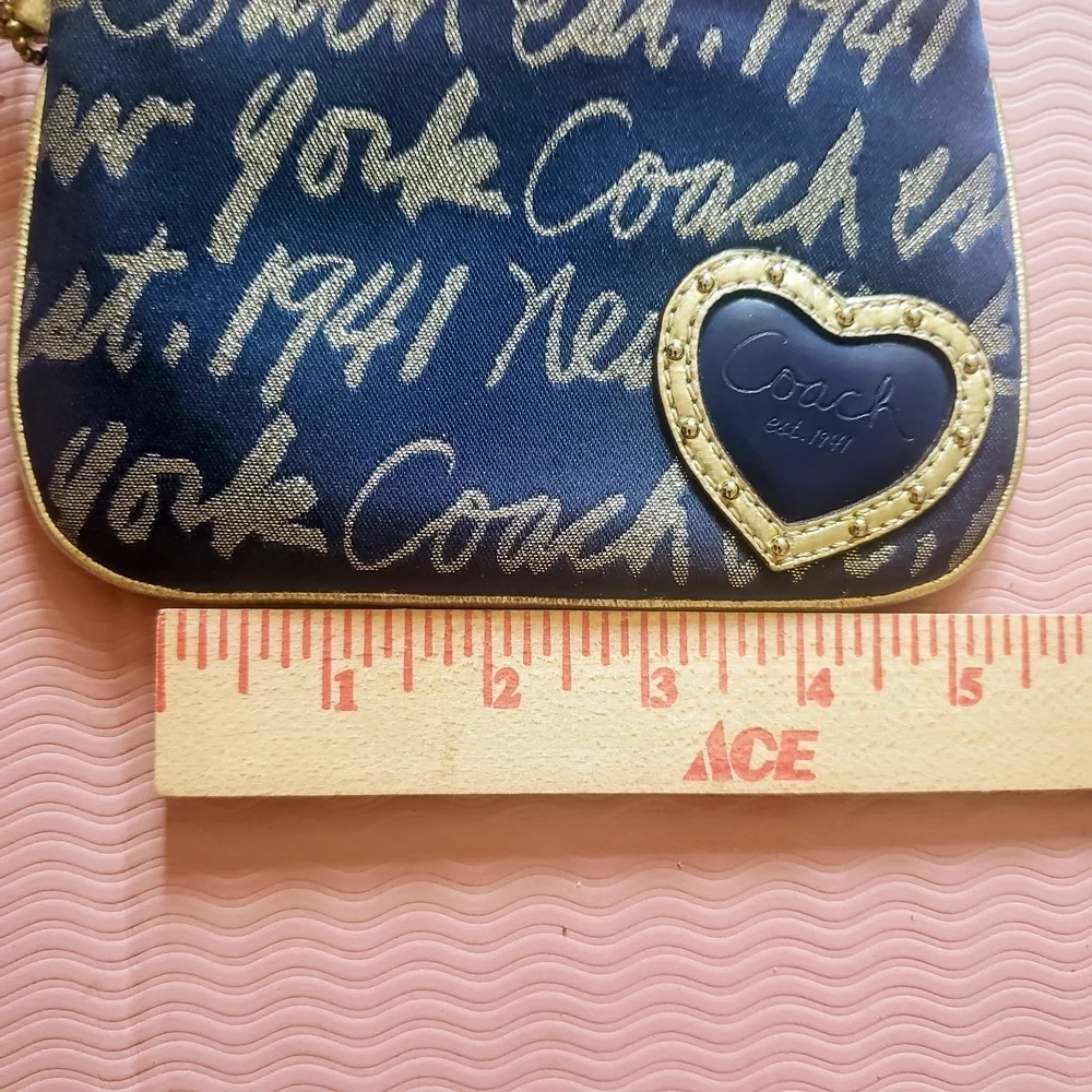 Coach Poppy New York Script Heart Lurex Small Wristlet Navy and Gold
